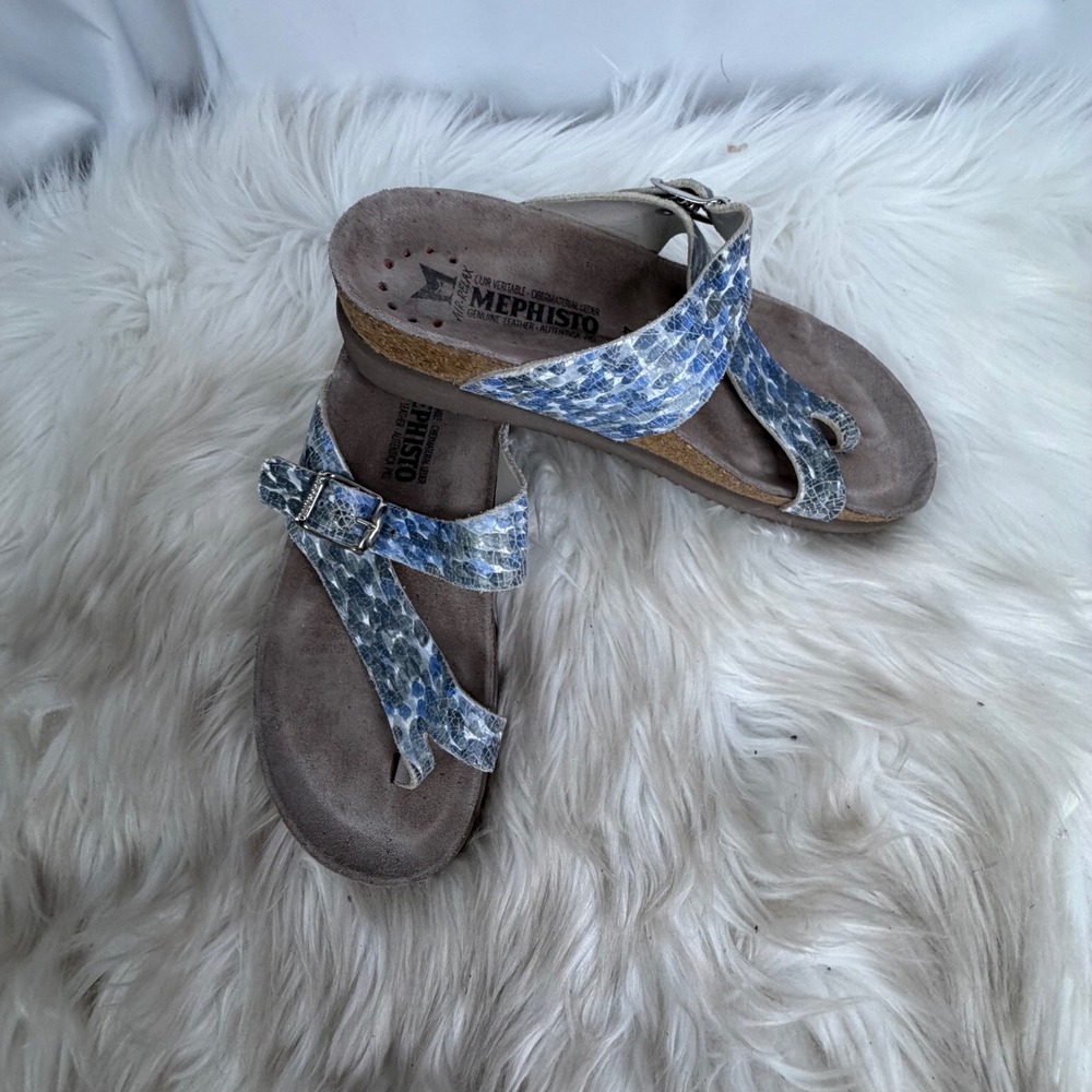 Mephisto Helen Blue Silver Metallic Snakeskin Leather Cork Footbed Sandals 37